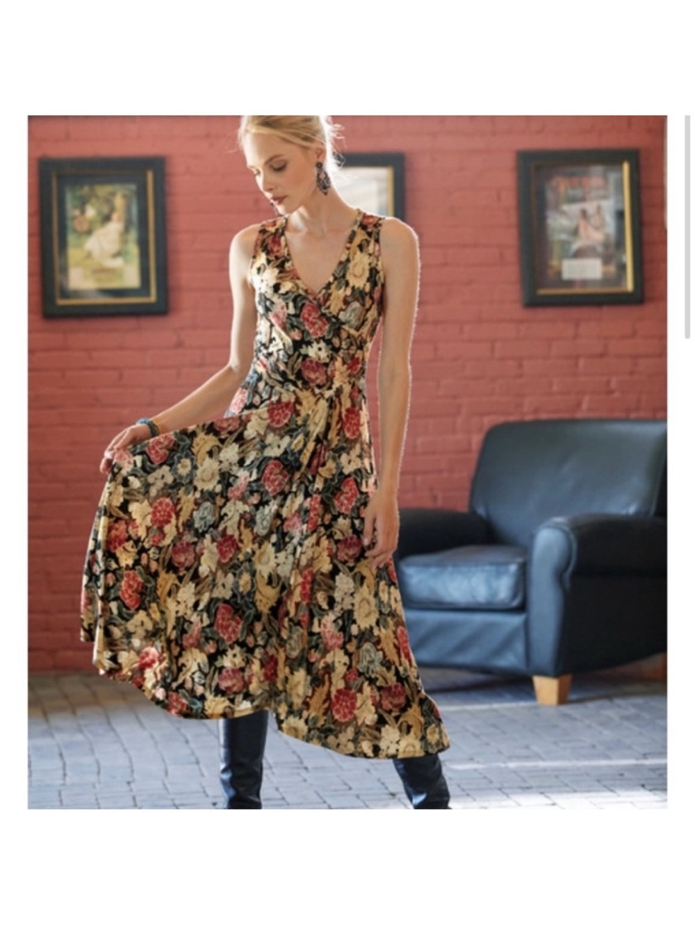 Peruvian Connection Floral Faux Wrap V-Neck Sleeveless Midi Dress